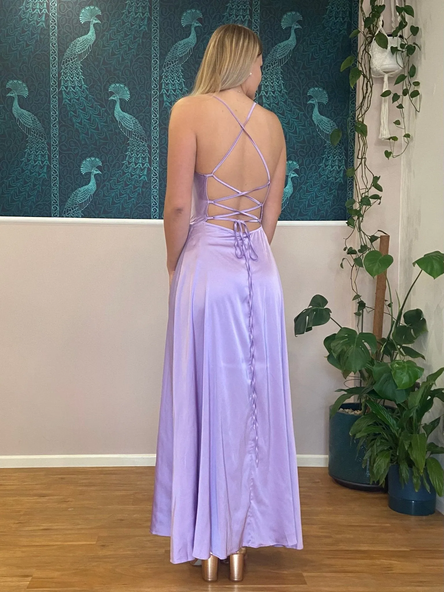 Jo ball gown with lace up back in lilac Express NZ wide