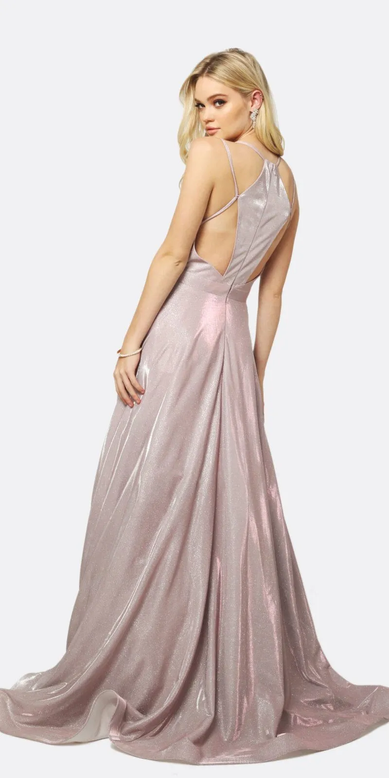 Juliet 203 Long Glitter Crepe Dress Silver Back Cut Outs Pockets