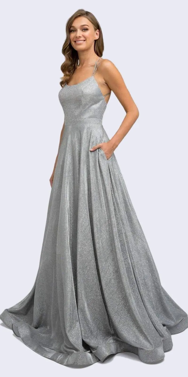 Juliet 203 Long Glitter Crepe Dress Silver Back Cut Outs Pockets