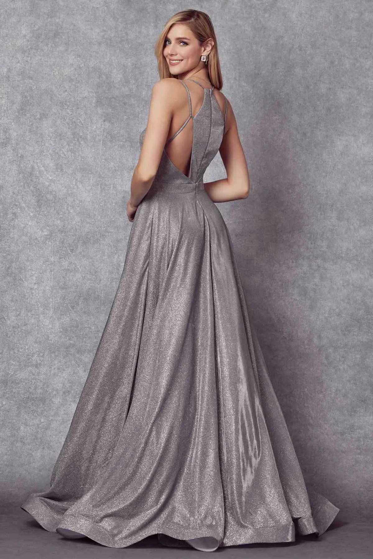 Juliet 203 Long Glitter Crepe Dress Silver Back Cut Outs Pockets