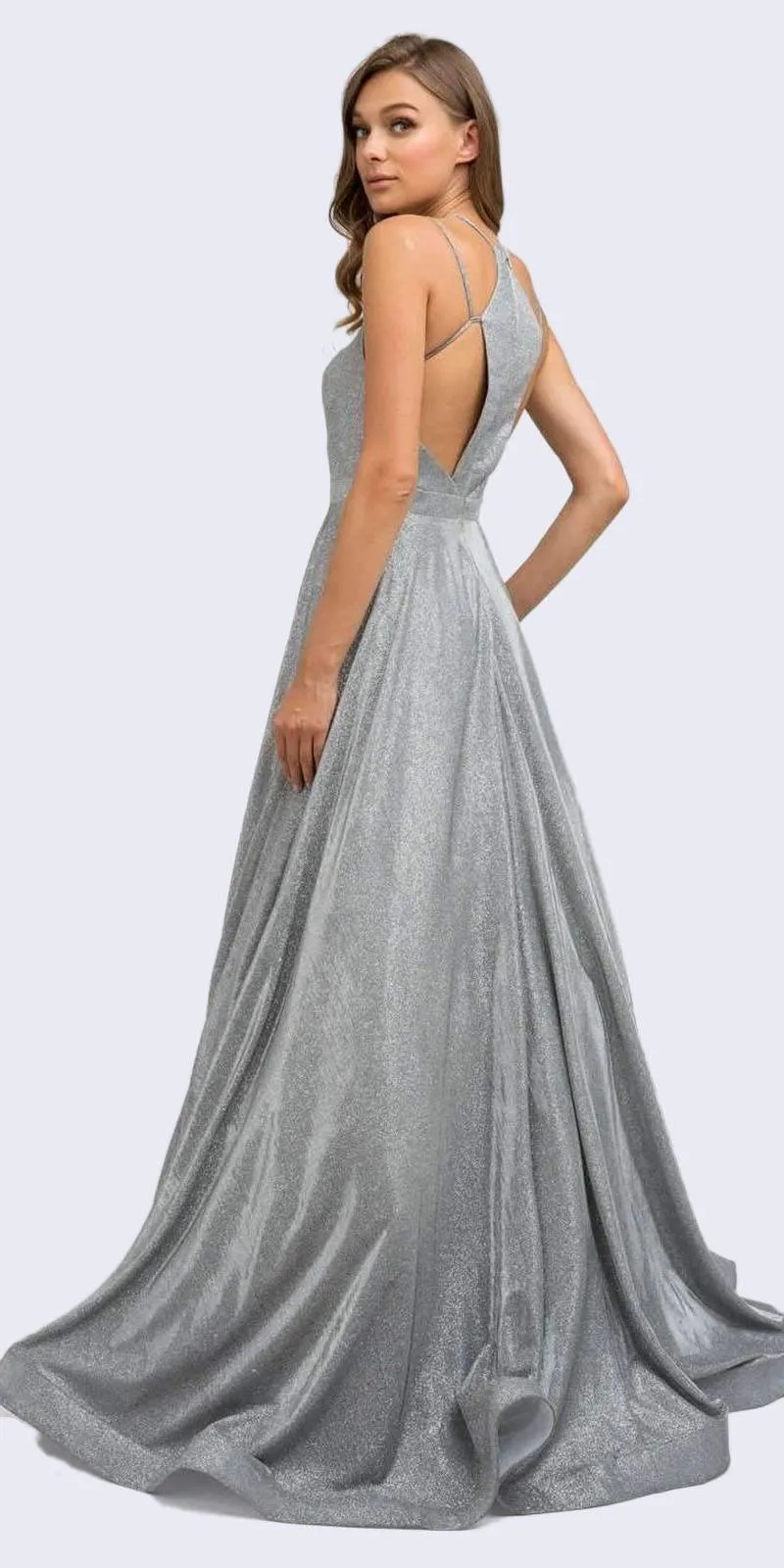 Juliet 203 Long Glitter Crepe Dress Silver Back Cut Outs Pockets