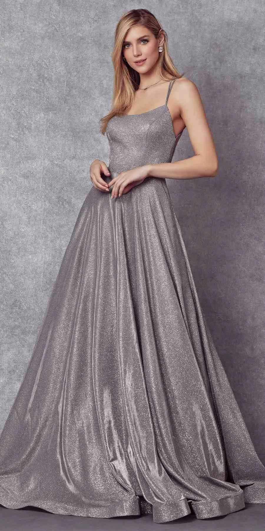 Juliet 203 Long Glitter Crepe Dress Silver Back Cut Outs Pockets
