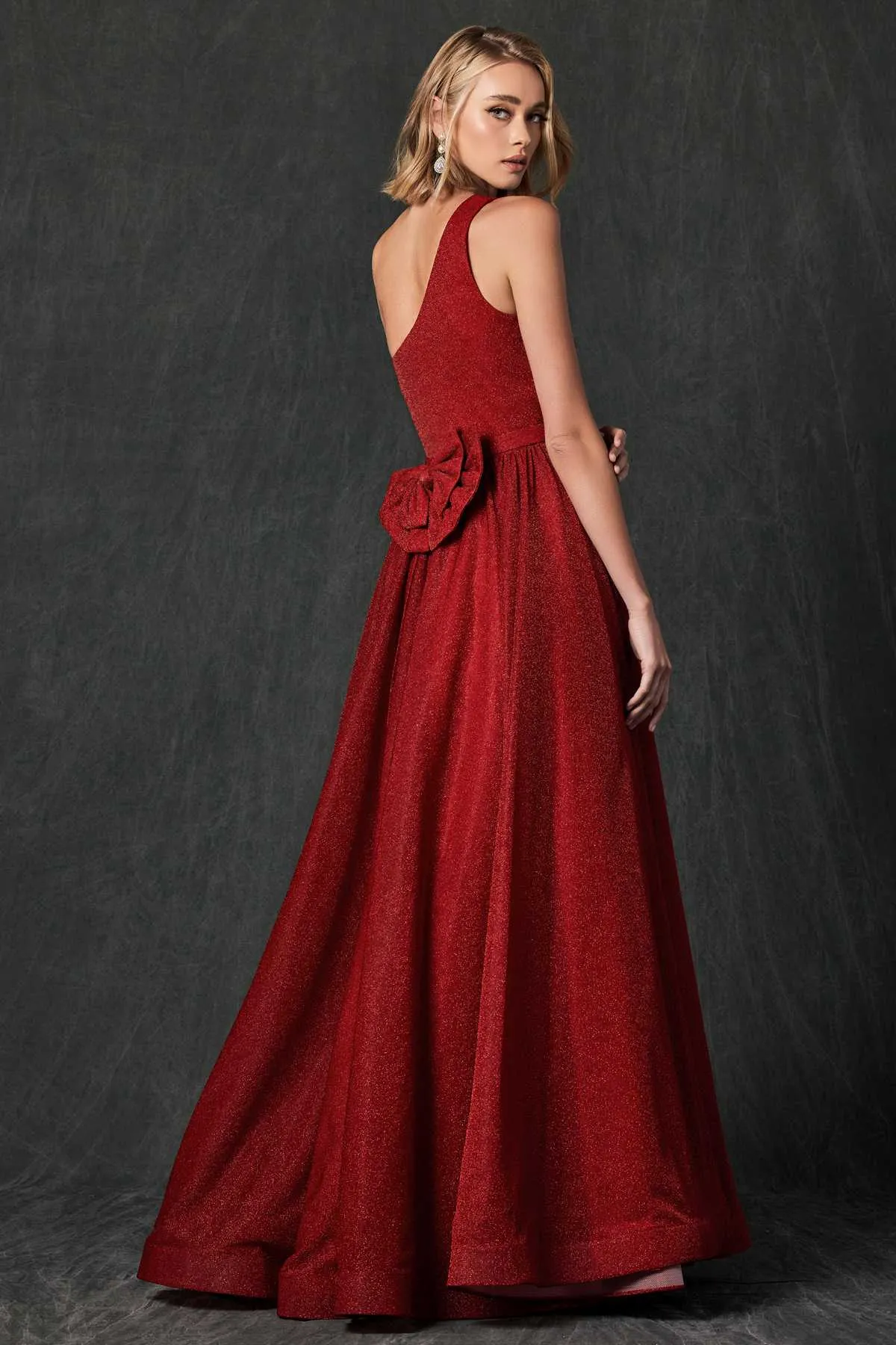 Juliet 205 Long One Shoulder Sleeveless Glitter Gown