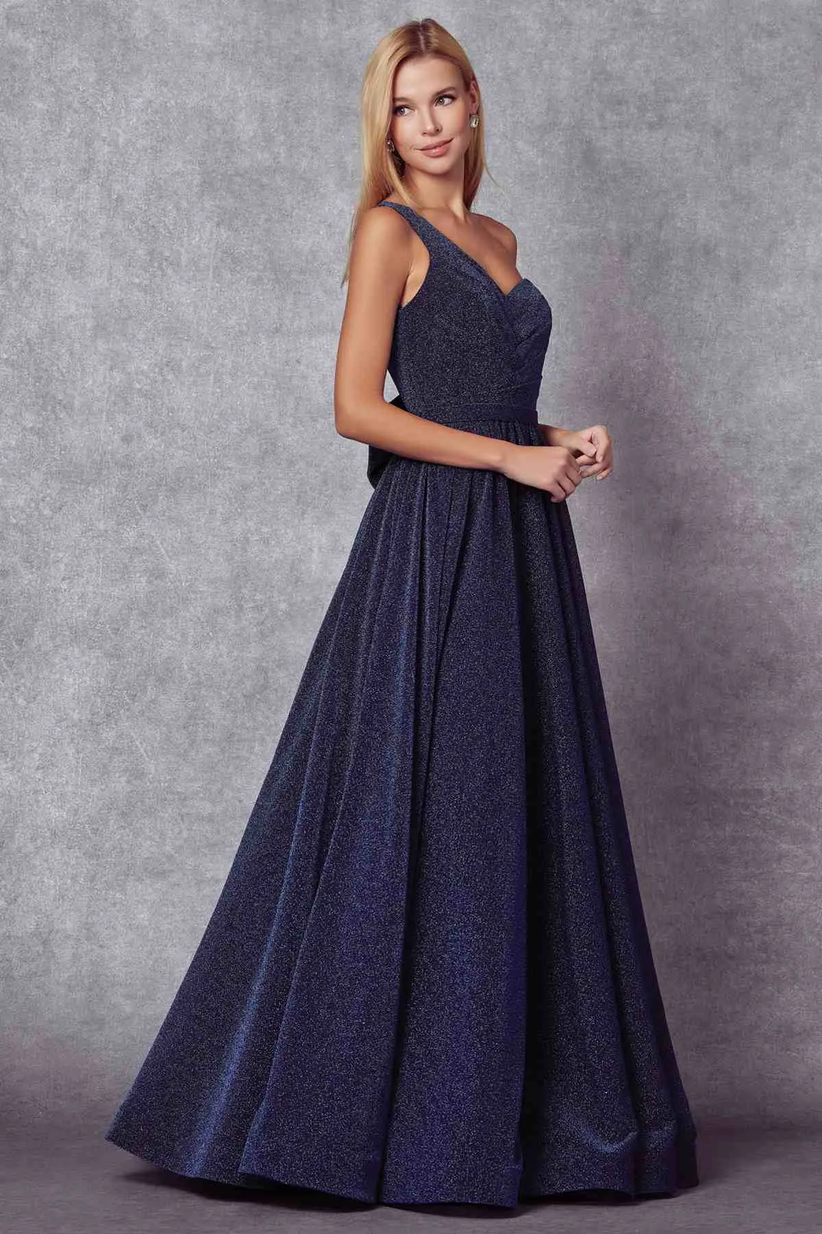 Juliet 205 Long One Shoulder Sleeveless Glitter Gown