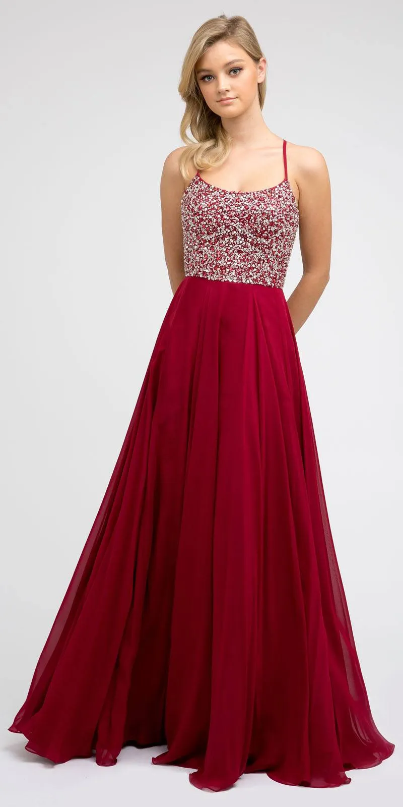 Juliet 210 Long Beaded Prom A-Line Dress Strappy-Open-Back