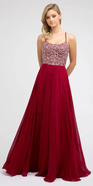 Juliet 210 Long Beaded Prom A-Line Dress Strappy-Open-Back
