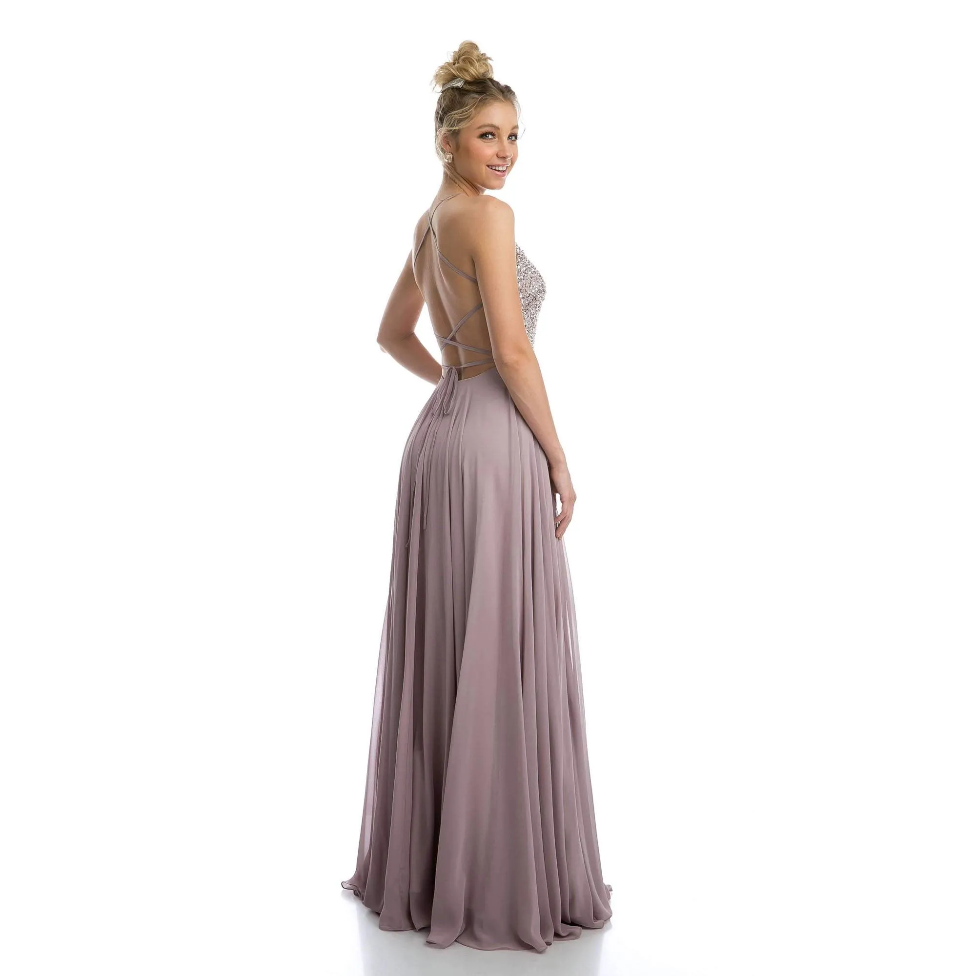 Juliet 210 Long Beaded Prom A-Line Dress Strappy-Open-Back