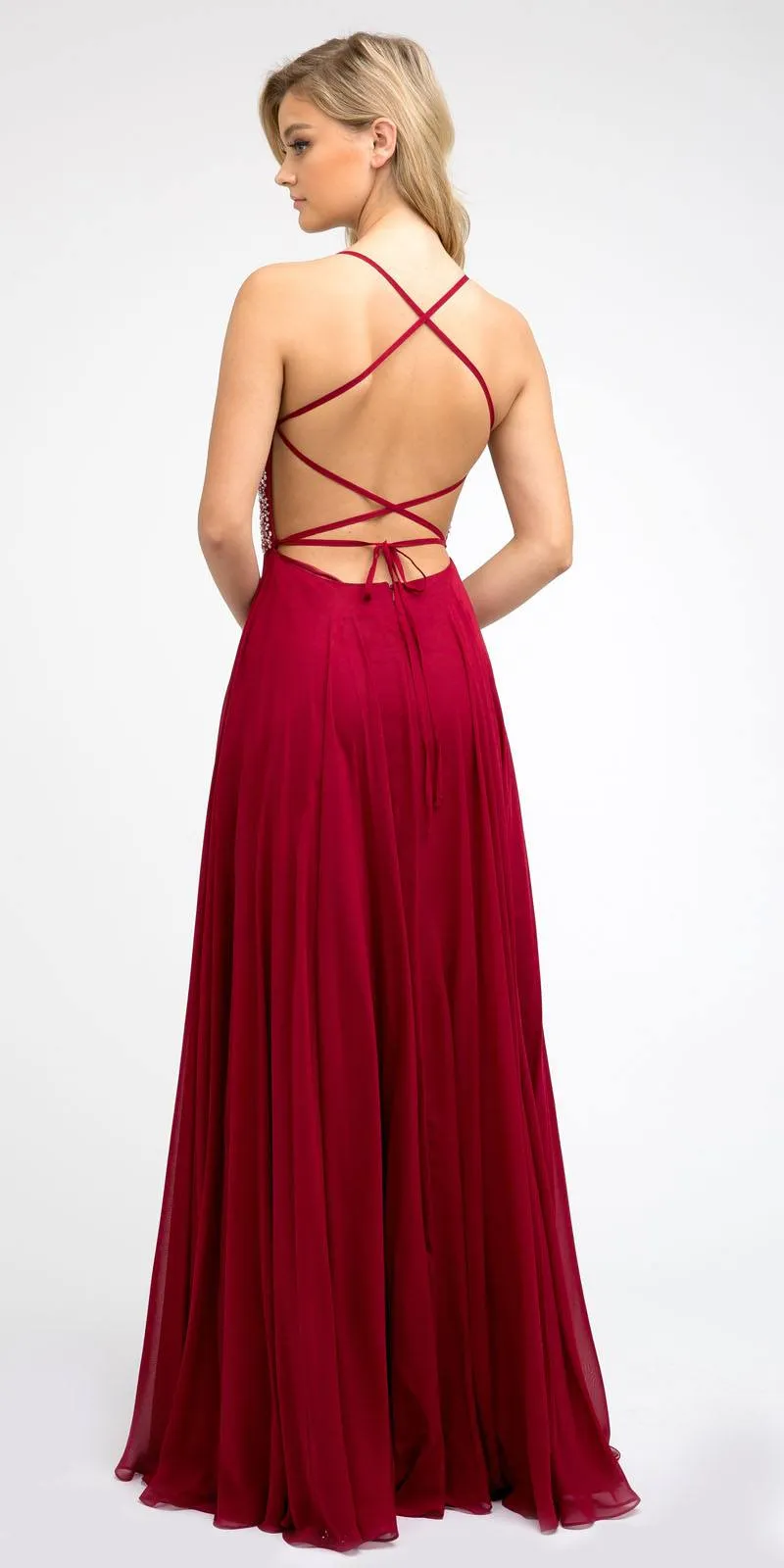 Juliet 210 Long Beaded Prom A-Line Dress Strappy-Open-Back