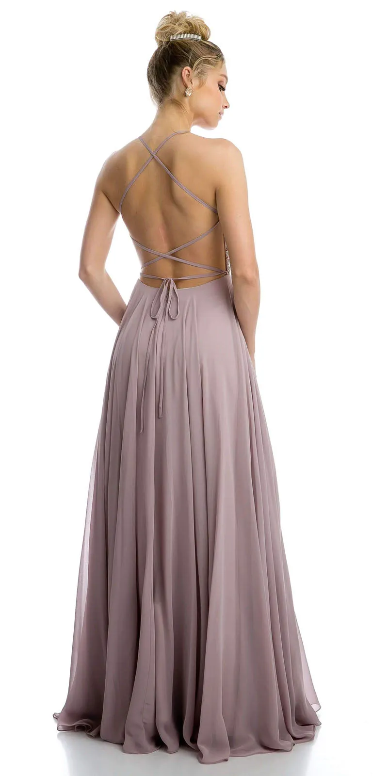 Juliet 210 Long Beaded Prom A-Line Dress Strappy-Open-Back