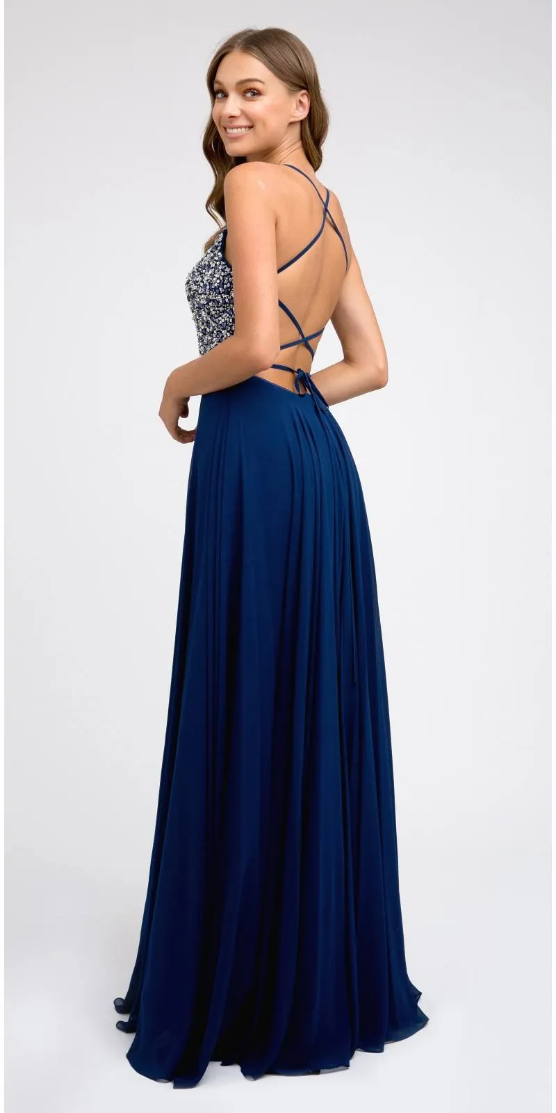 Juliet 210 Long Beaded Prom A-Line Dress Strappy-Open-Back