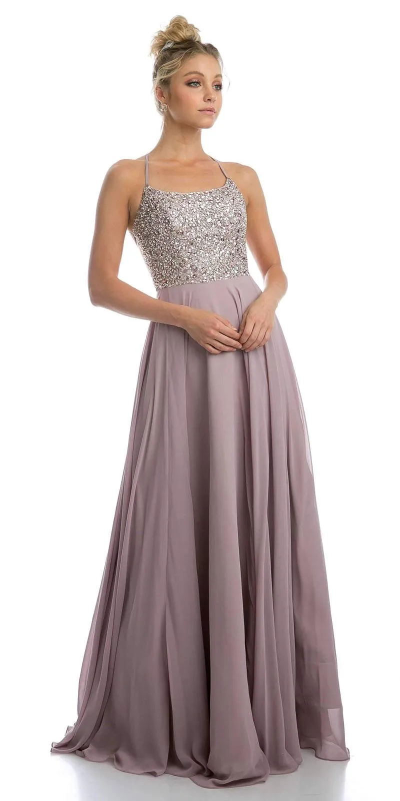 Juliet 210 Long Beaded Prom A-Line Dress Strappy-Open-Back