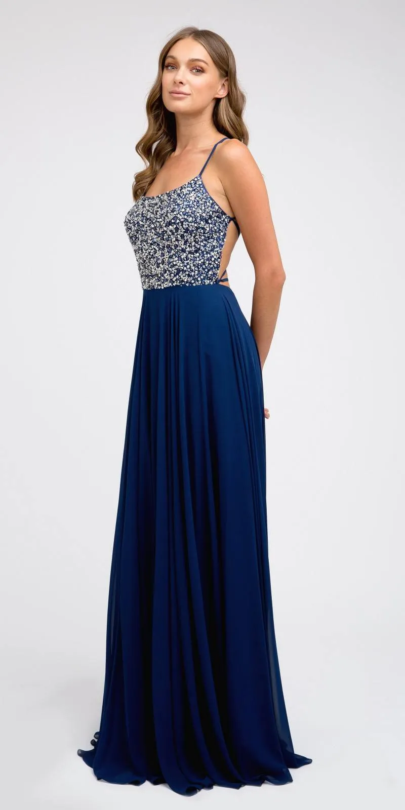 Juliet 210 Long Beaded Prom A-Line Dress Strappy-Open-Back