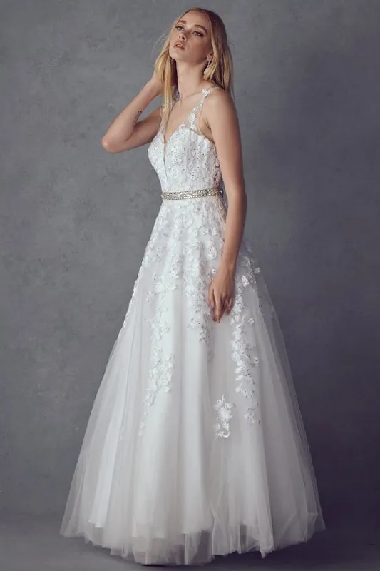 Juliet 224 V-Neck and Back Embroidered Tulle A-Line Ball Gown