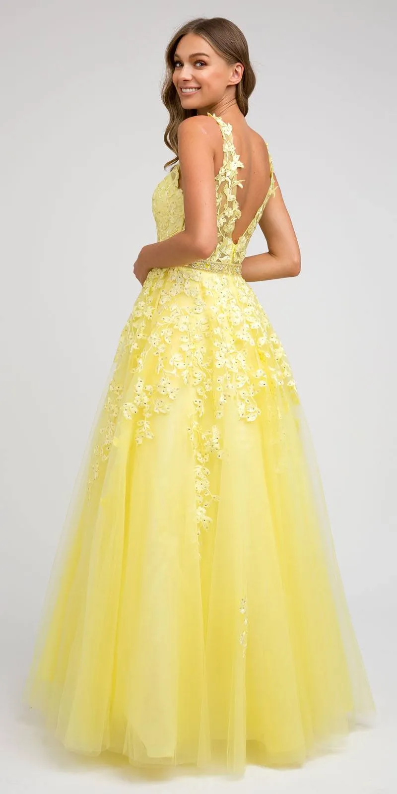 Juliet 224 V-Neck and Back Embroidered Tulle A-Line Ball Gown