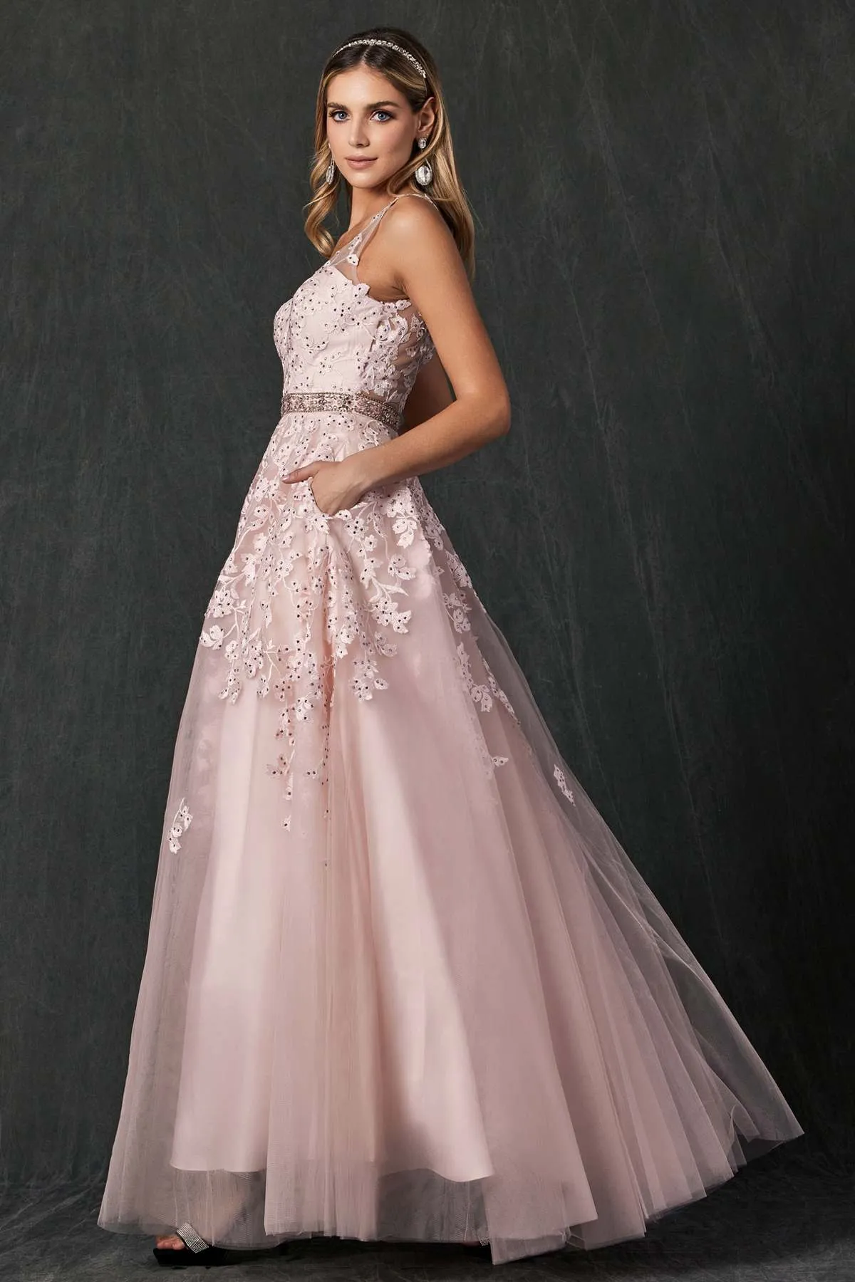 Juliet 224 V-Neck and Back Embroidered Tulle A-Line Ball Gown