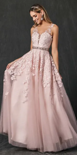 Juliet 224 V-Neck and Back Embroidered Tulle A-Line Ball Gown