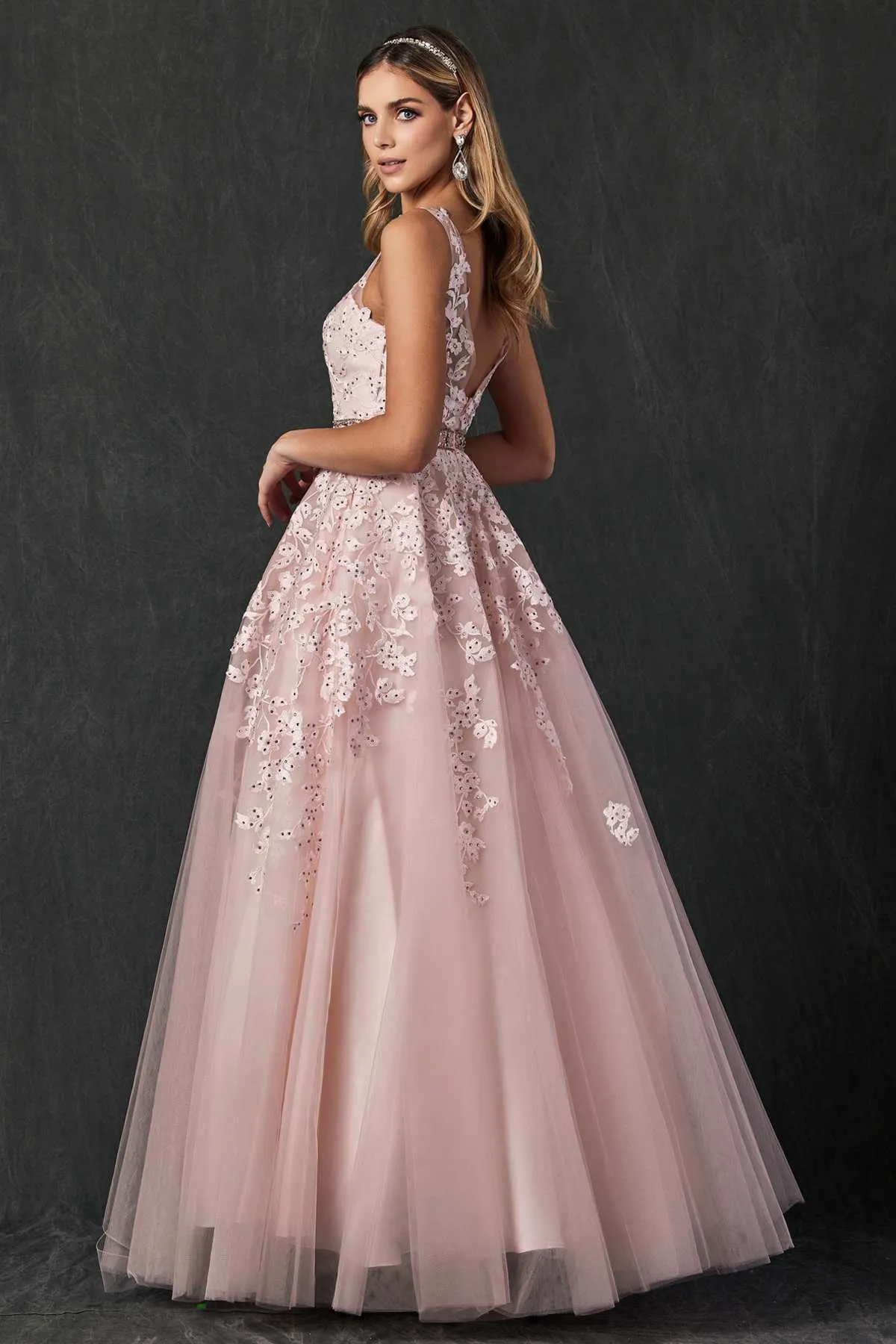 Juliet 224 V-Neck and Back Embroidered Tulle A-Line Ball Gown