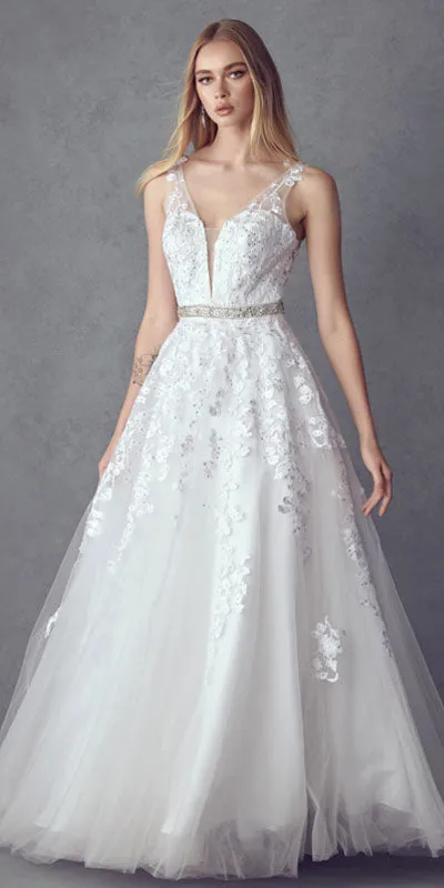 Juliet 224 V-Neck and Back Embroidered Tulle A-Line Ball Gown