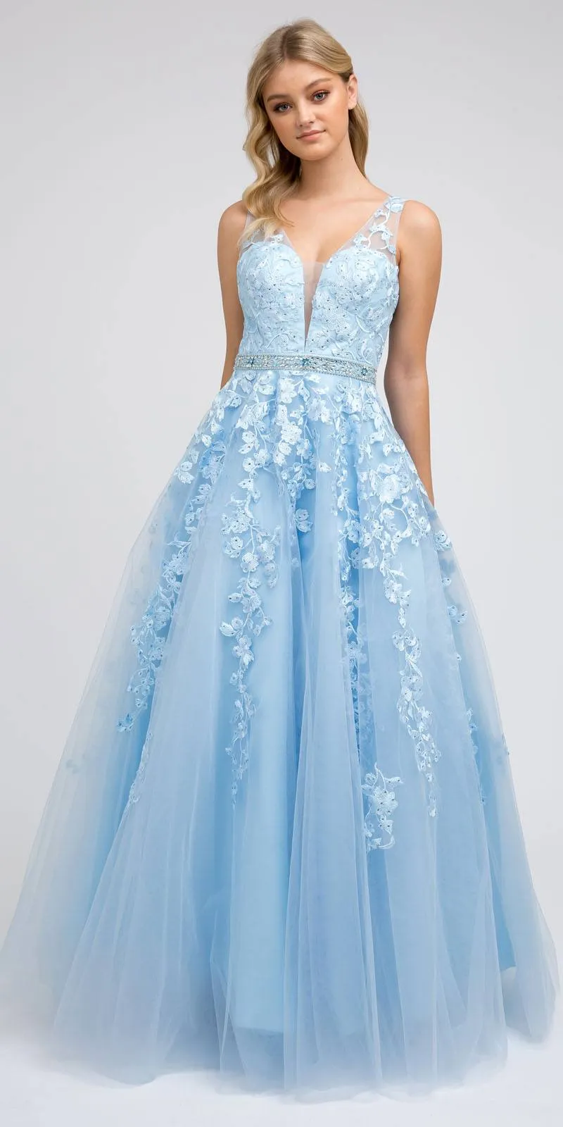 Juliet 224 V-Neck and Back Embroidered Tulle A-Line Ball Gown