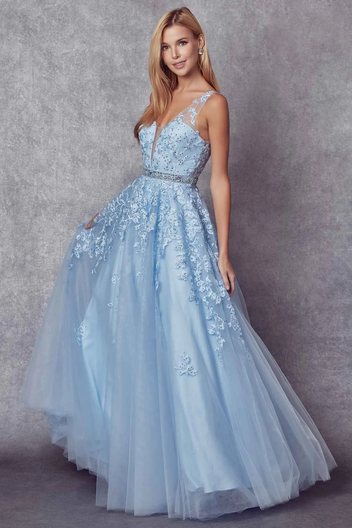 Juliet 224 V-Neck and Back Embroidered Tulle A-Line Ball Gown
