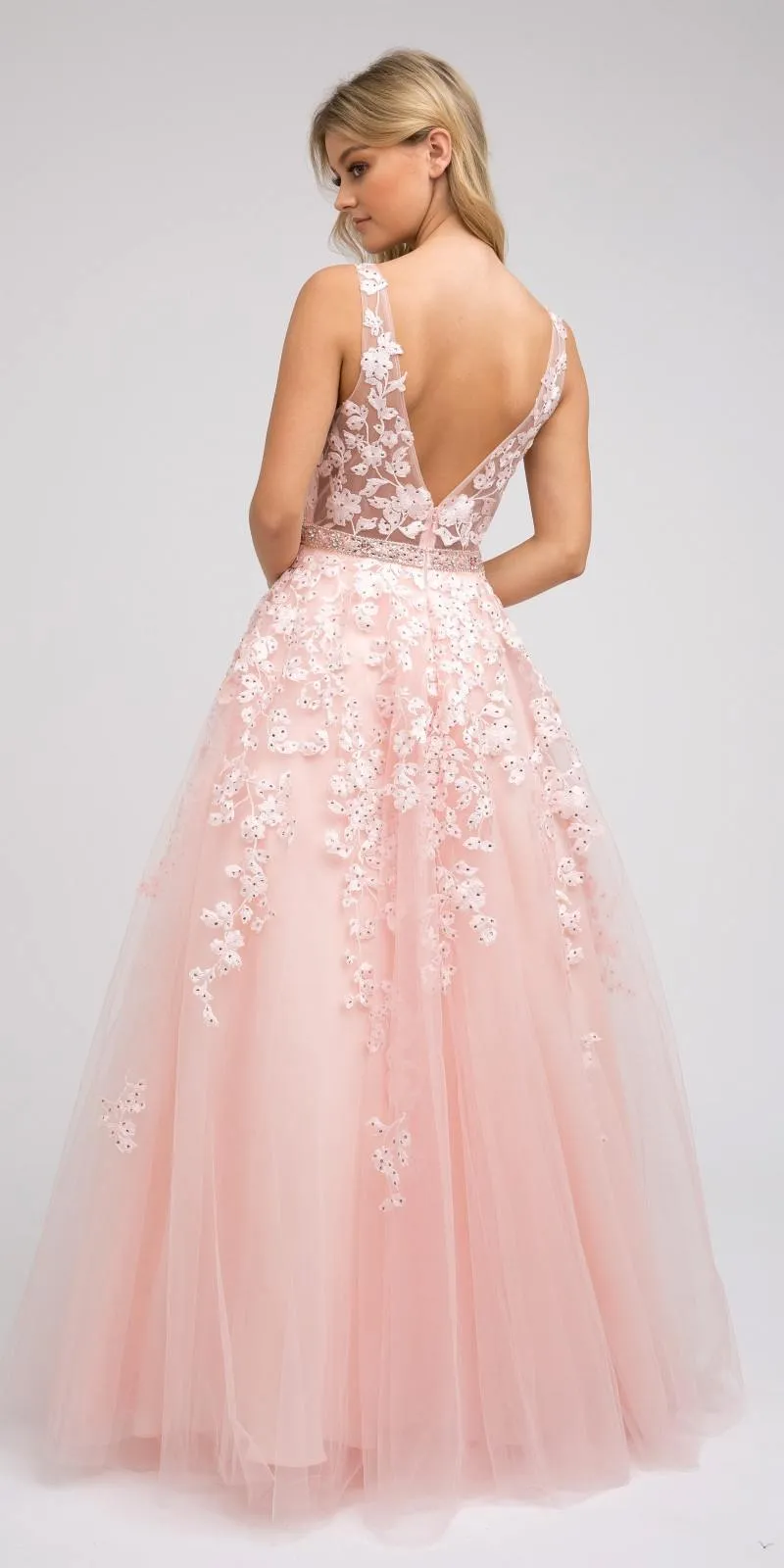 Juliet 224 V-Neck and Back Embroidered Tulle A-Line Ball Gown