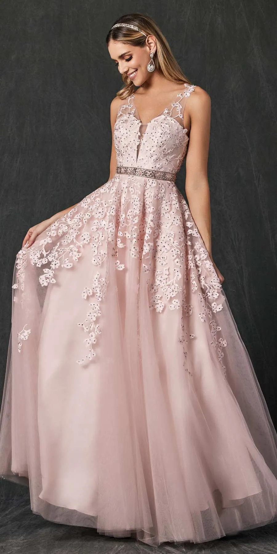 Juliet 224 V-Neck and Back Embroidered Tulle A-Line Ball Gown