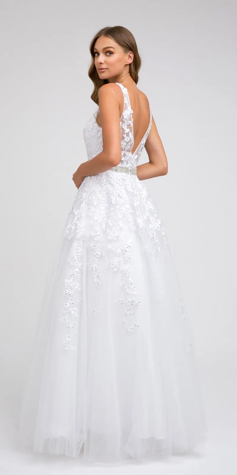 Juliet 224 V-Neck and Back Embroidered Tulle A-Line Ball Gown