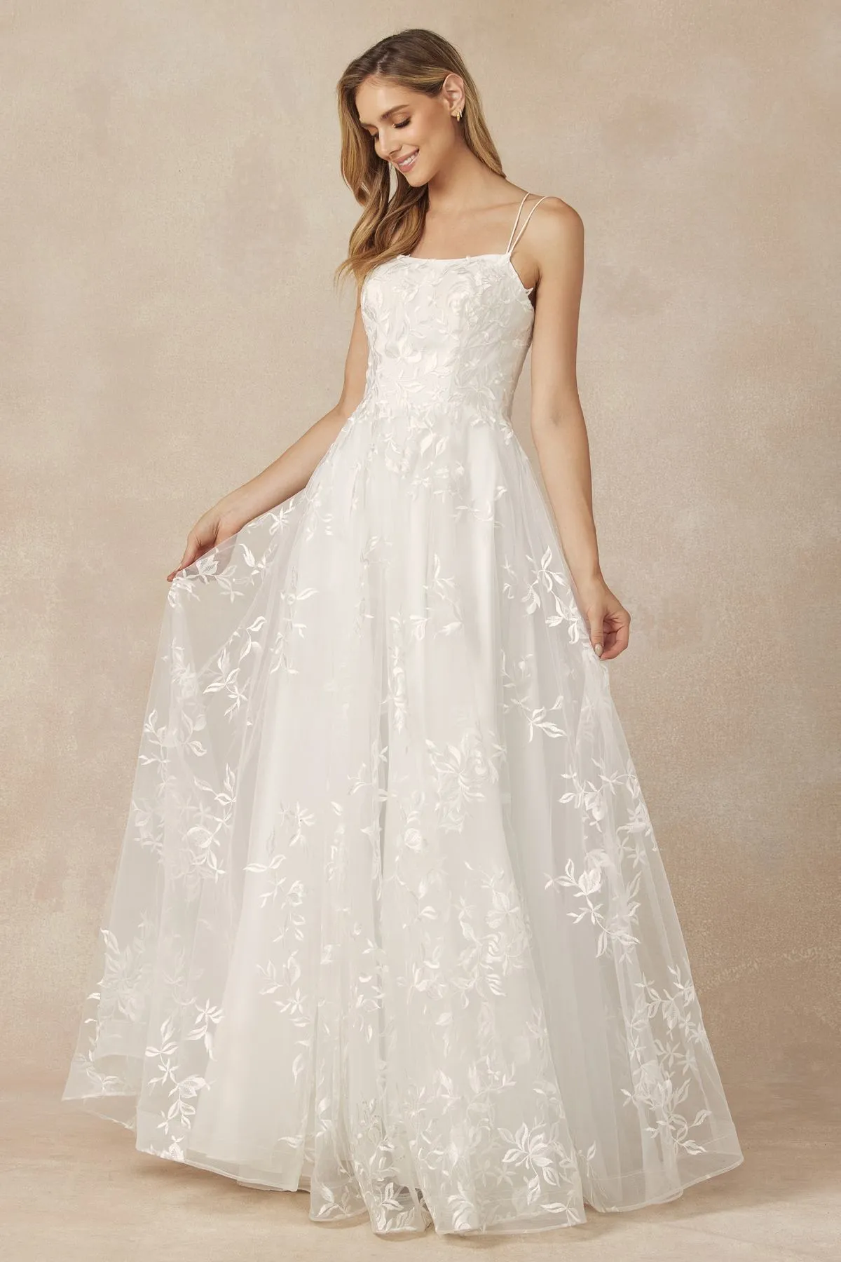 Juliet 279 Embroidered Lace Long Tulle A-Line Gown