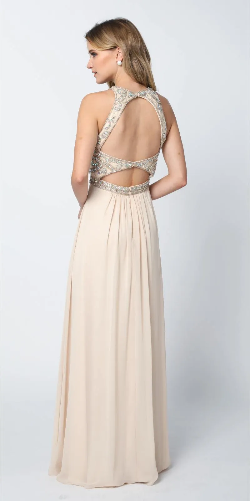 Juliet 609 A Line Chiffon Floor Length Gown Cut Out Back