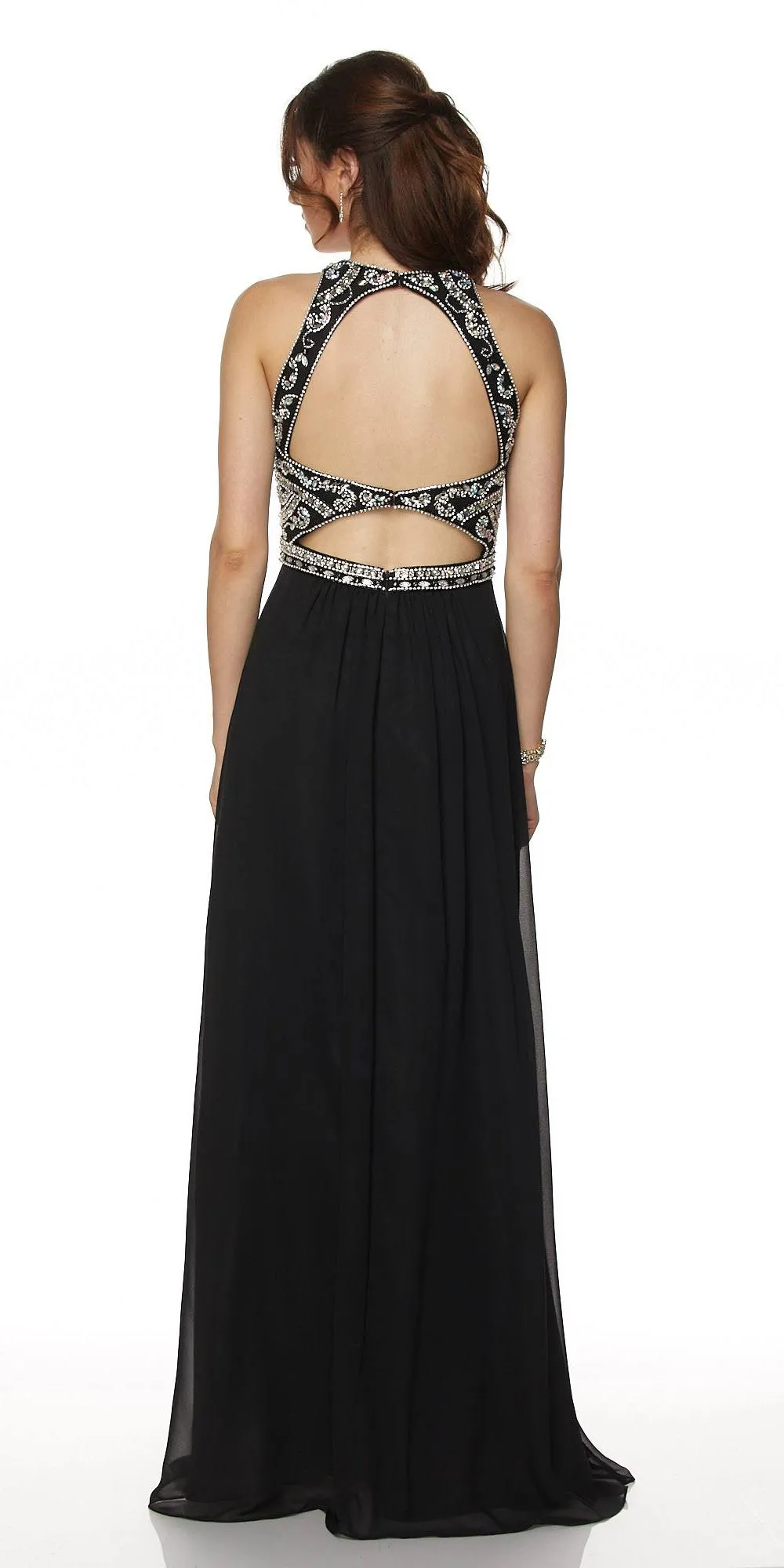 Juliet 609 A Line Chiffon Floor Length Gown Cut Out Back