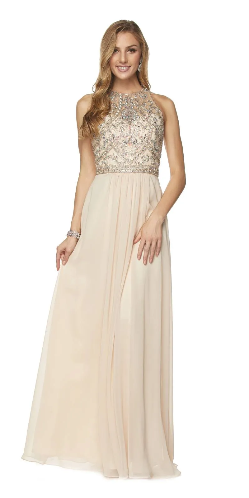 Juliet 609 A Line Chiffon Floor Length Gown Cut Out Back