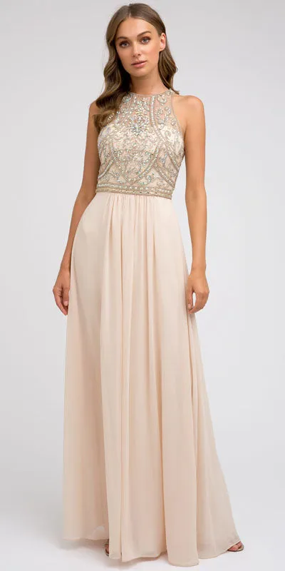 Juliet 609 A Line Chiffon Floor Length Gown Cut Out Back