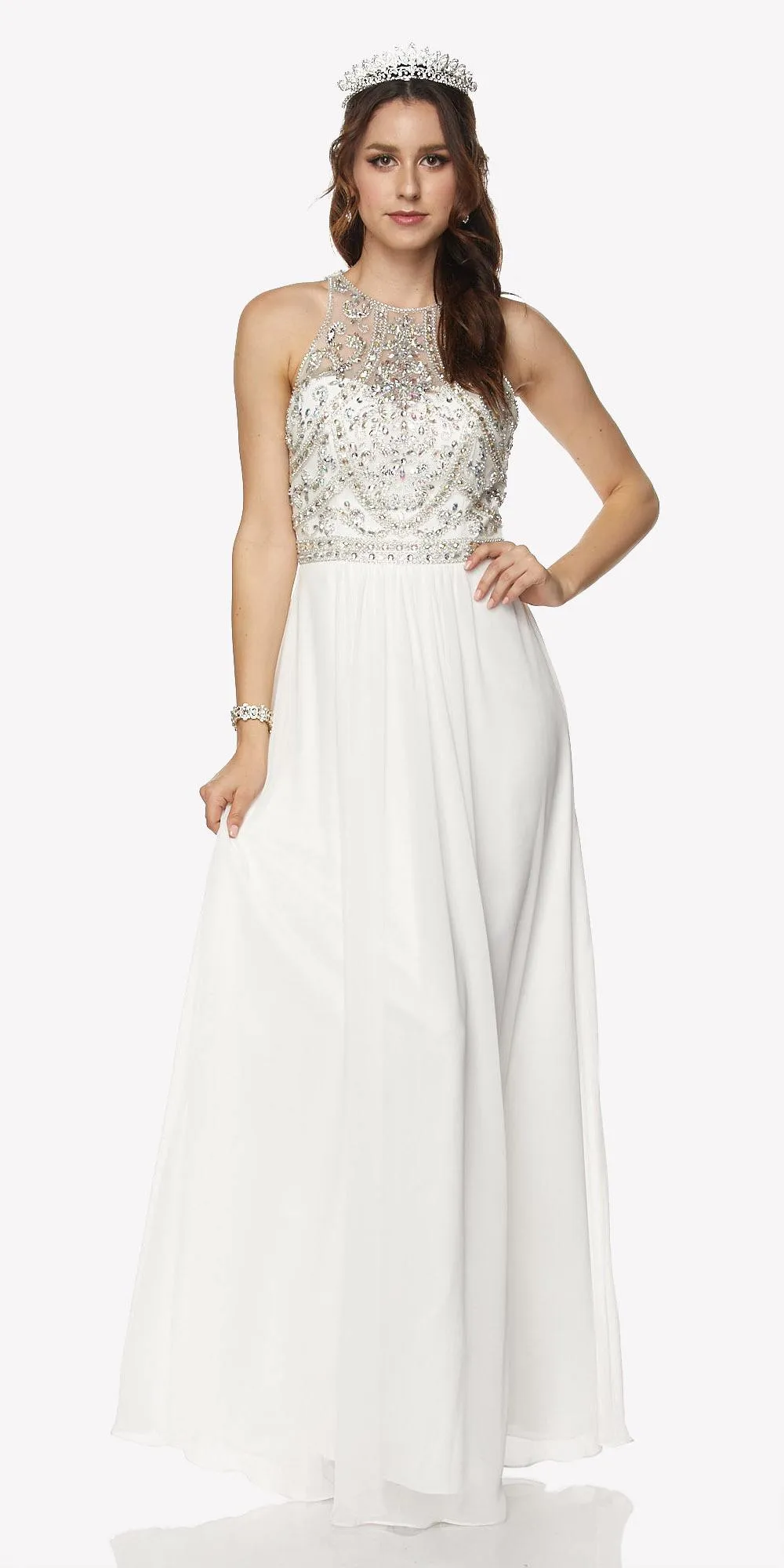 Juliet 609 A Line Chiffon Floor Length Gown Cut Out Back