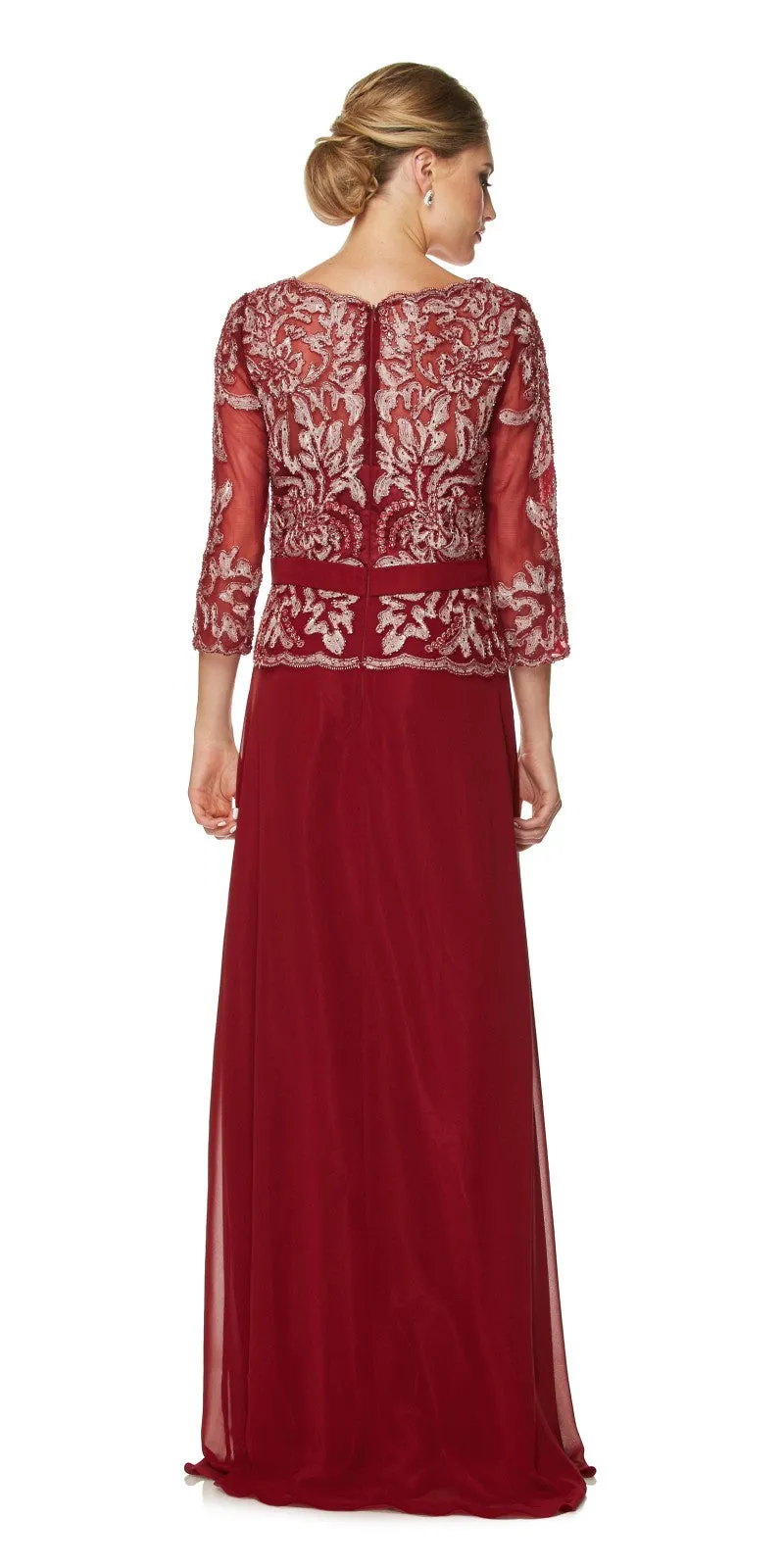 Juliet 634 Quarter Sleeve Formal Dress with Lace Applique Bodice