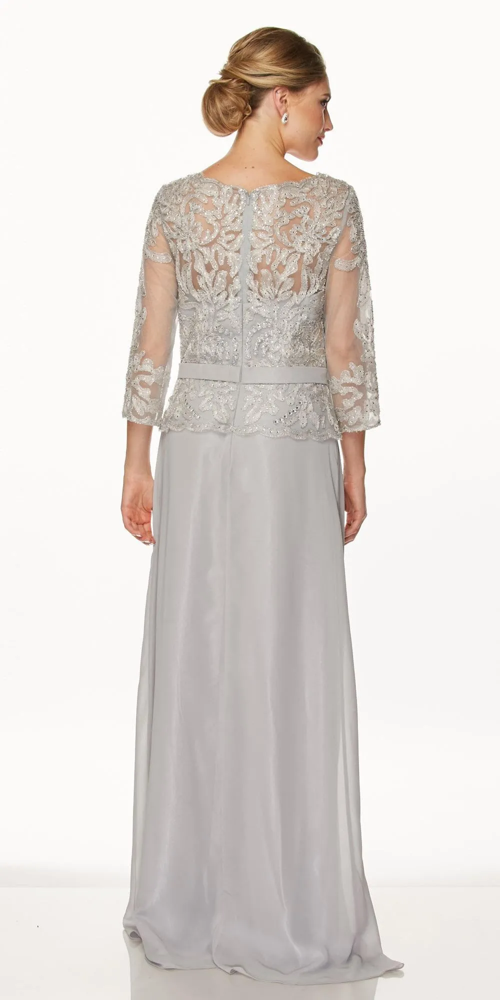 Juliet 634 Quarter Sleeve Formal Dress with Lace Applique Bodice