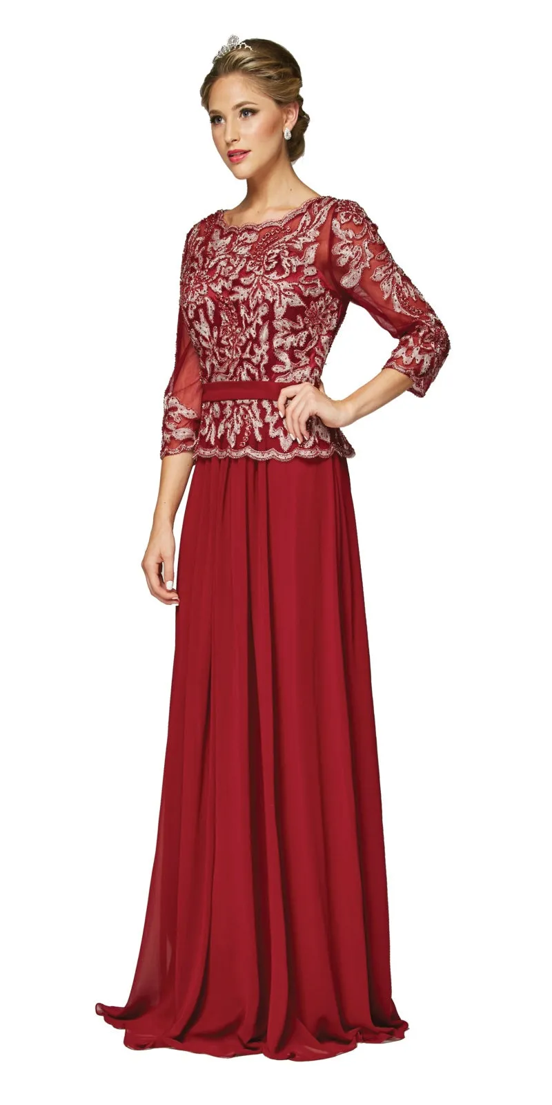 Juliet 634 Quarter Sleeve Formal Dress with Lace Applique Bodice