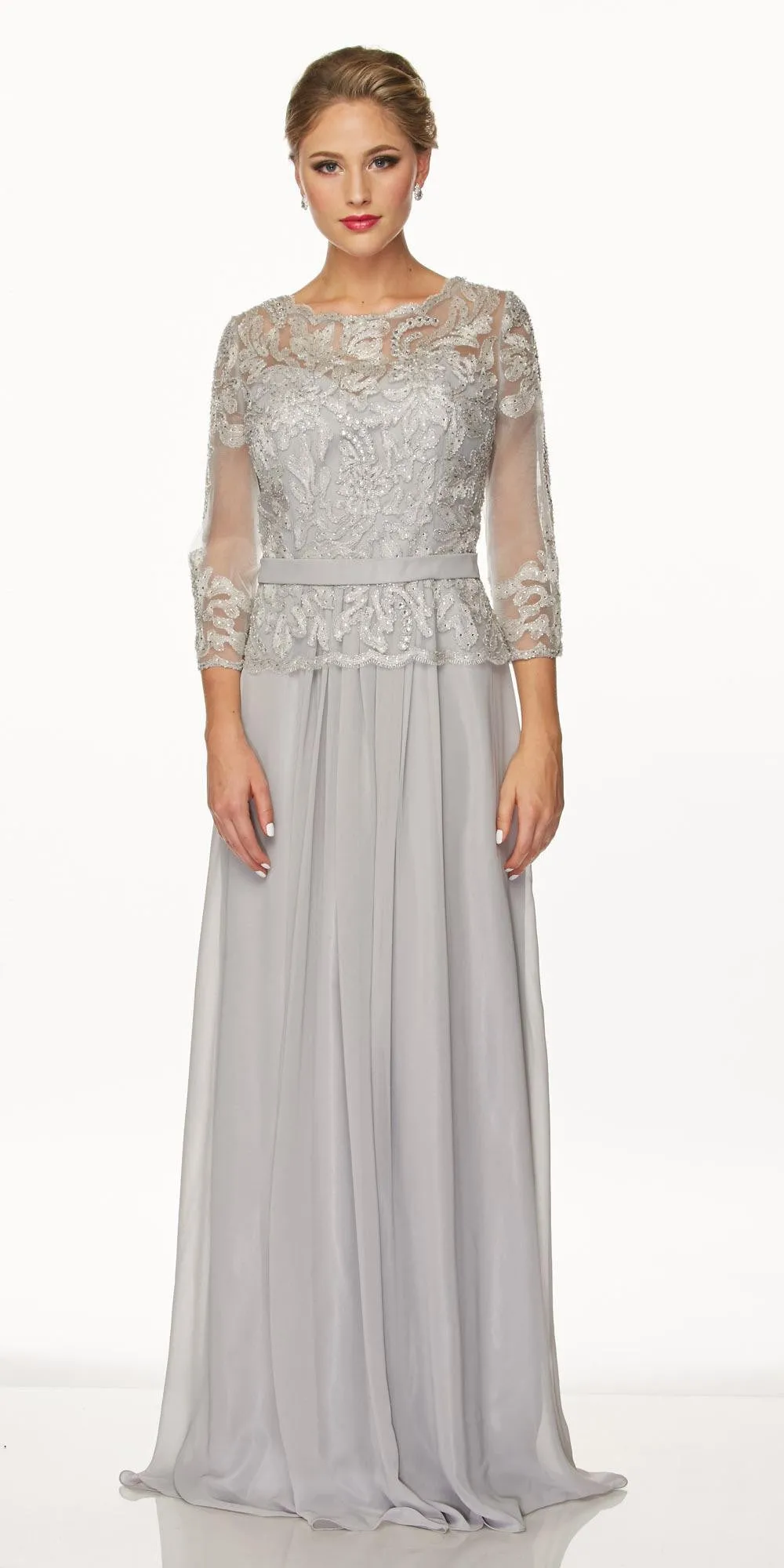 Juliet 634 Quarter Sleeve Formal Dress with Lace Applique Bodice