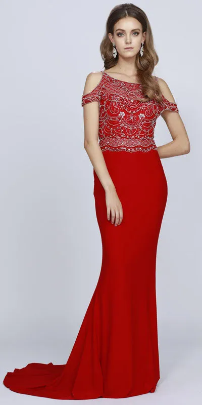 Juliet 660 Cold Shoulder Gown with V-Shape Open Back and Train