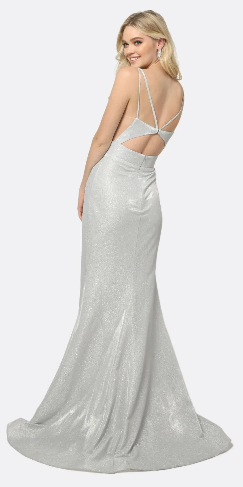 Juliet 695 Glitter Sheath Dress Floor Length Deep-V Neckline