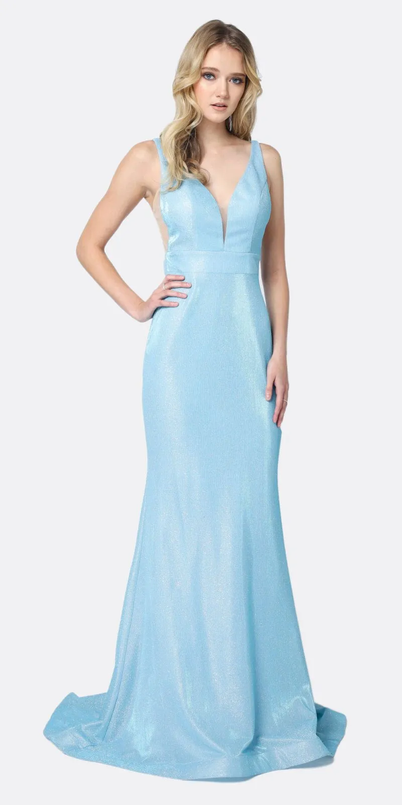 Juliet 695 Glitter Sheath Dress Floor Length Deep-V Neckline