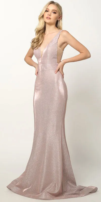 Juliet 695 Glitter Sheath Dress Floor Length Deep-V Neckline