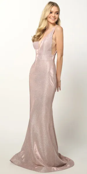 Juliet 695 Glitter Sheath Dress Floor Length Deep-V Neckline