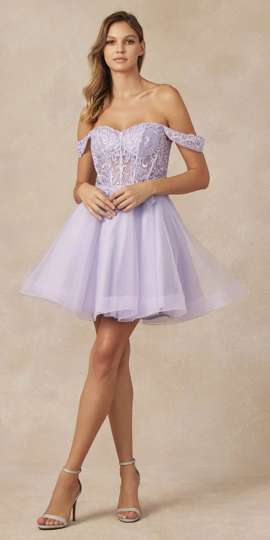 Juliet 880 Glitter Tulle A-Line Cold-Shoulder Homecoming Dress.
