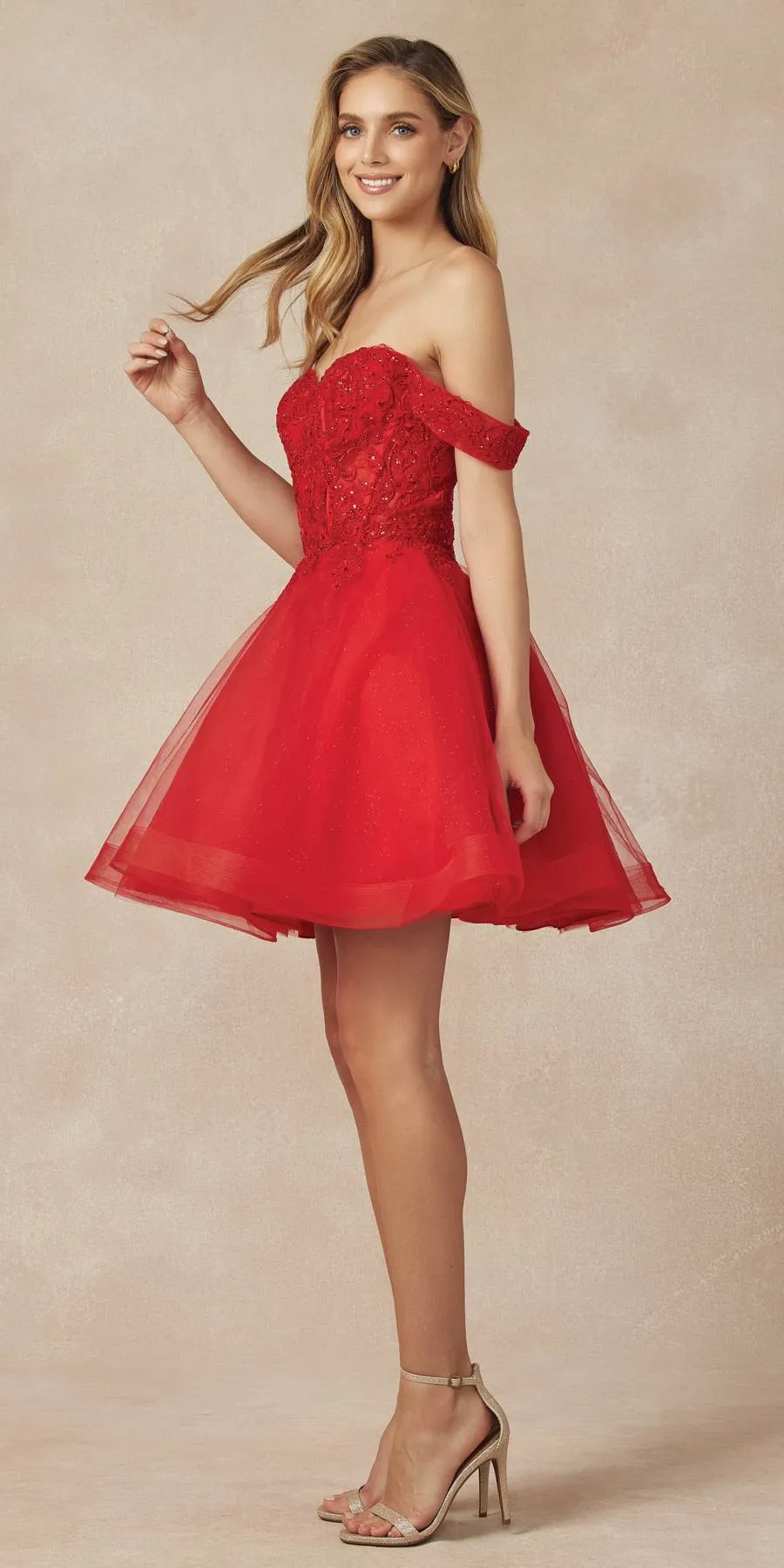 Juliet 880 Glitter Tulle A-Line Cold-Shoulder Homecoming Dress.
