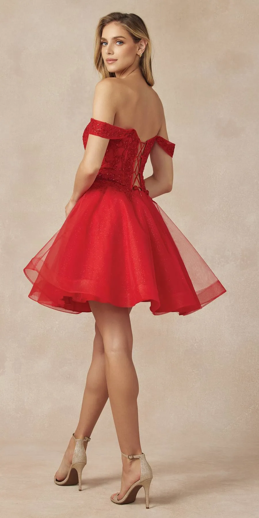 Juliet 880 Glitter Tulle A-Line Cold-Shoulder Homecoming Dress.