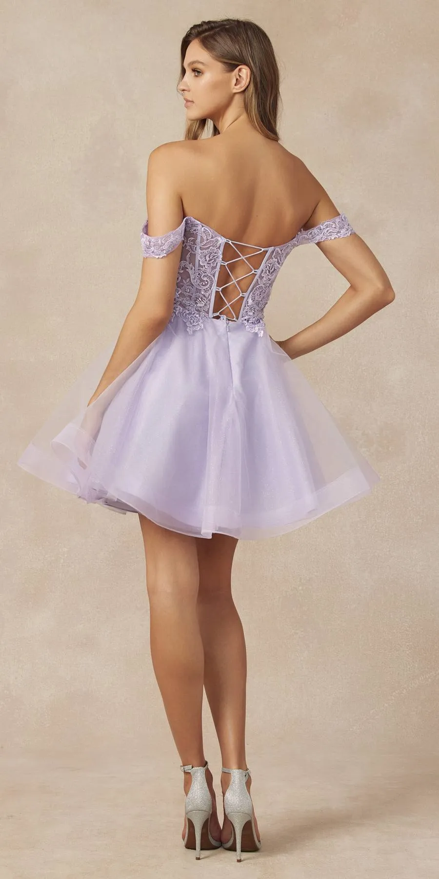 Juliet 880 Glitter Tulle A-Line Cold-Shoulder Homecoming Dress.