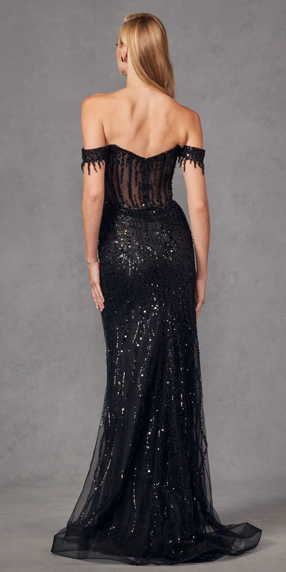 Juliet JT2471L Long Off the Shoulder Fringe Sleeve Fitted Evening Gown
