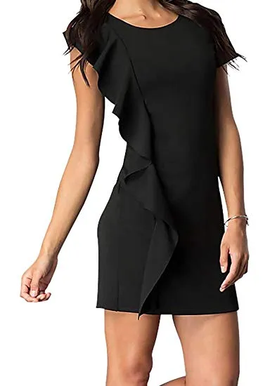 Juniors Short Sleeve Dress With Asymmetrical Ruffle
