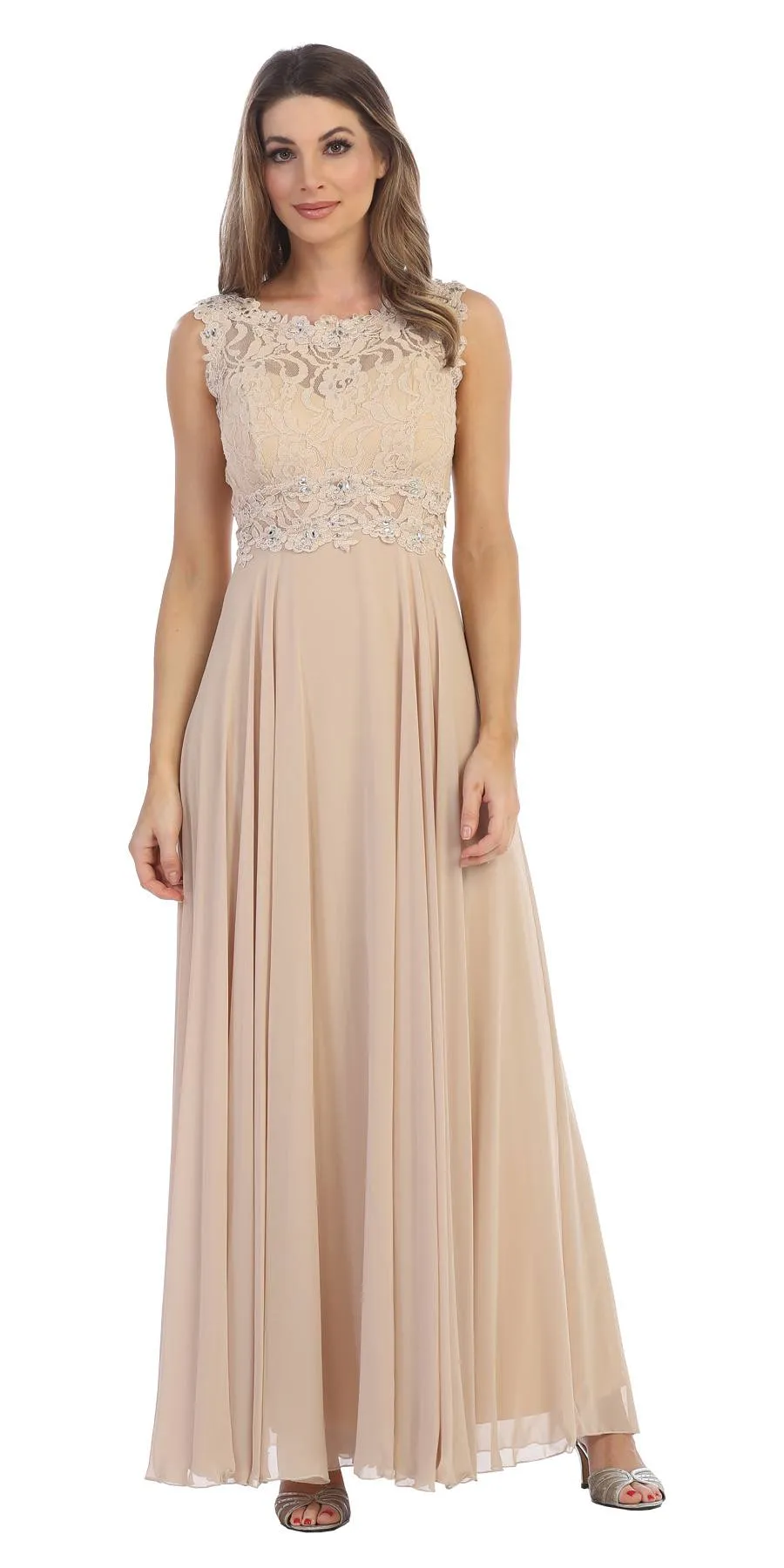 Juno 1016 Sleeveless Long Formal Dress with Lace Bodice