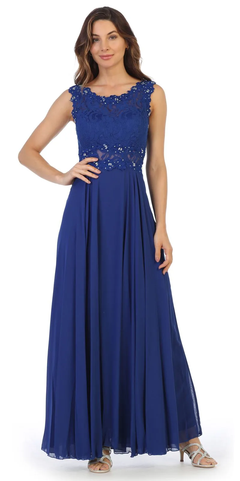 Juno 1016 Sleeveless Long Formal Dress with Lace Bodice